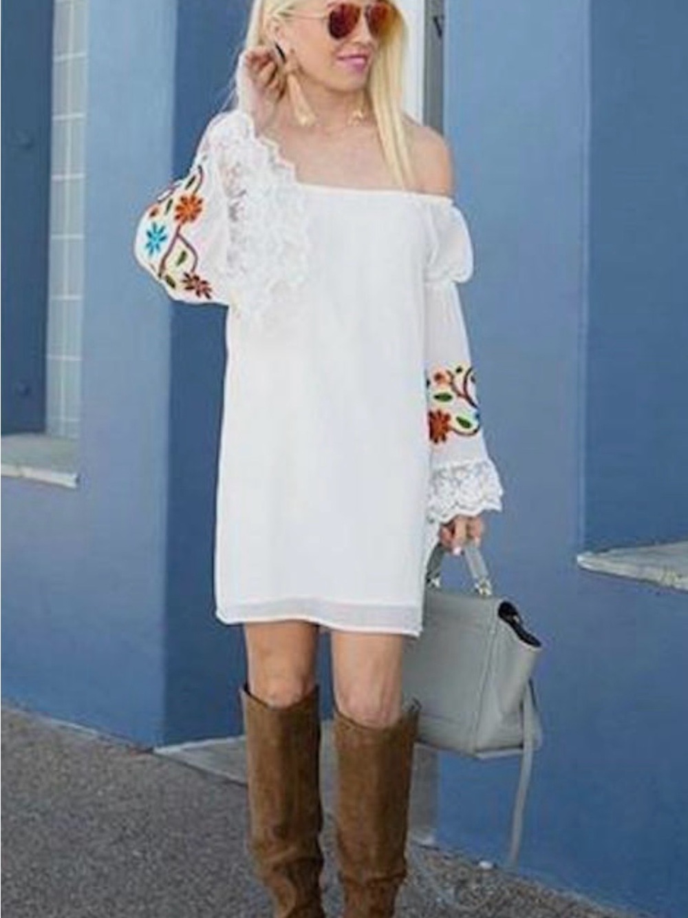 Vava by Joy Han White Off-Shoulder Embroidered Sleeve Dress